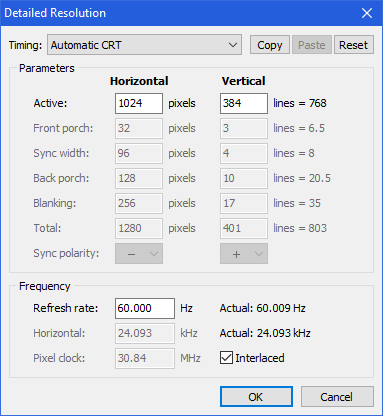 Screenshot of CRU's "Detailed resolutions" editor, set to "Automatic CRT" timings, with the Interlaced check box checked, showing a user-editable 1024x384 and fixed = 768