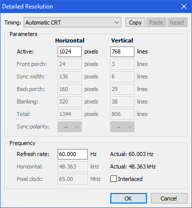 Screenshot of CRU's "Detailed resolutions" editor, set to "Automatic CRT" timings.