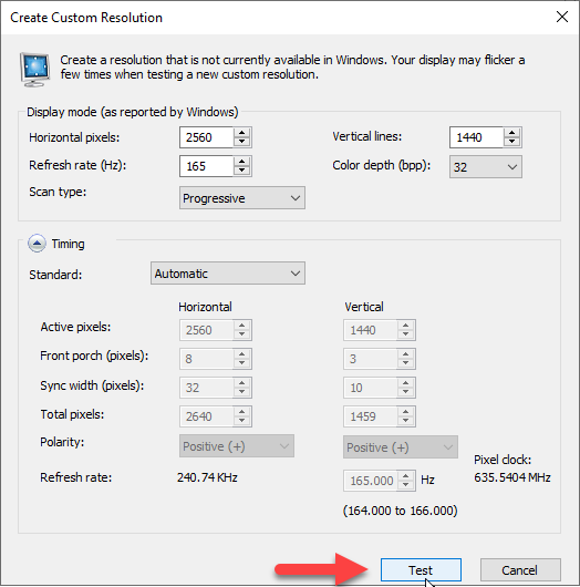 Screenshot of NVIDIA drivers' custom resolution editor.