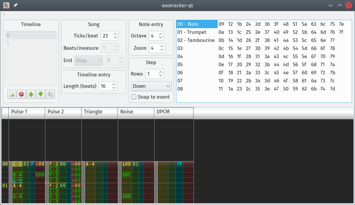 I added an instrument list widget. The instruments form columns, just like FamiTracker's instrument list. Unlike FamiTracker, it shows all 128 instrument slots, even though most of them are empty. It's confusing to look at.