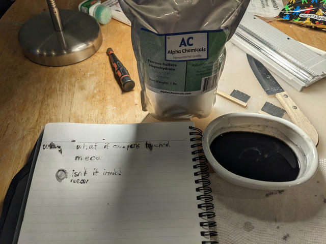 A bag of iron sulfate, along with black ink and more writing prepared using it. The writing says "isn't it ironic?"